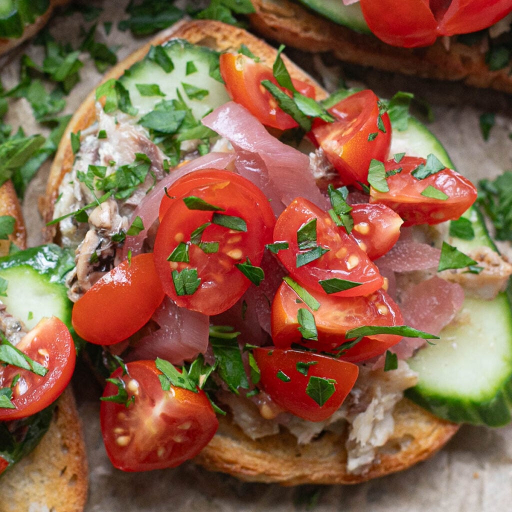 overhead view of sardine toast