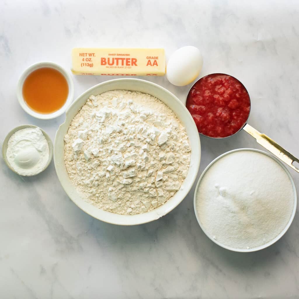 ingredients for strawberry cake with strawberry filling
