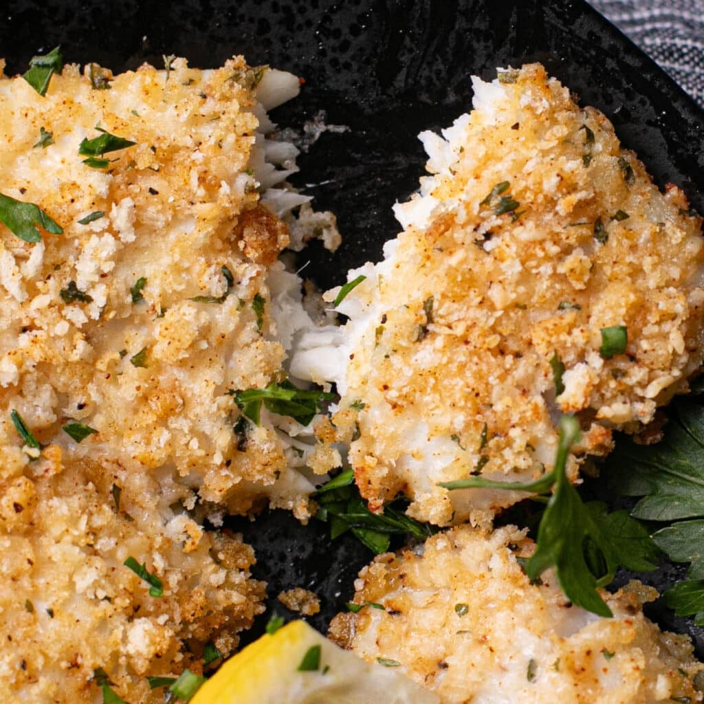close up view of a piece of baked flounder with Parmesan panko breading