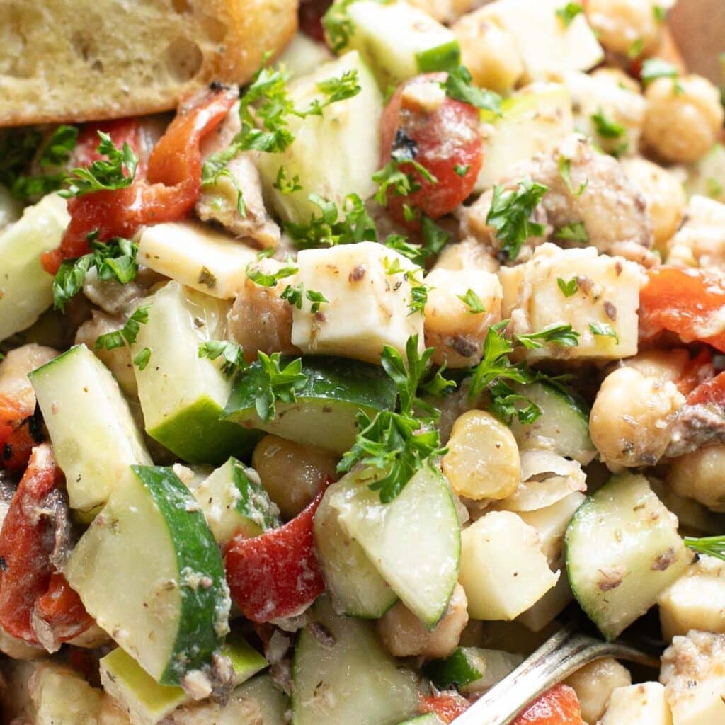 sardine salad with cubed cheese and chickpeas