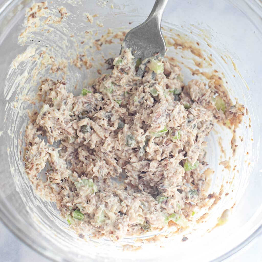 sardine salad in a mixing bowl