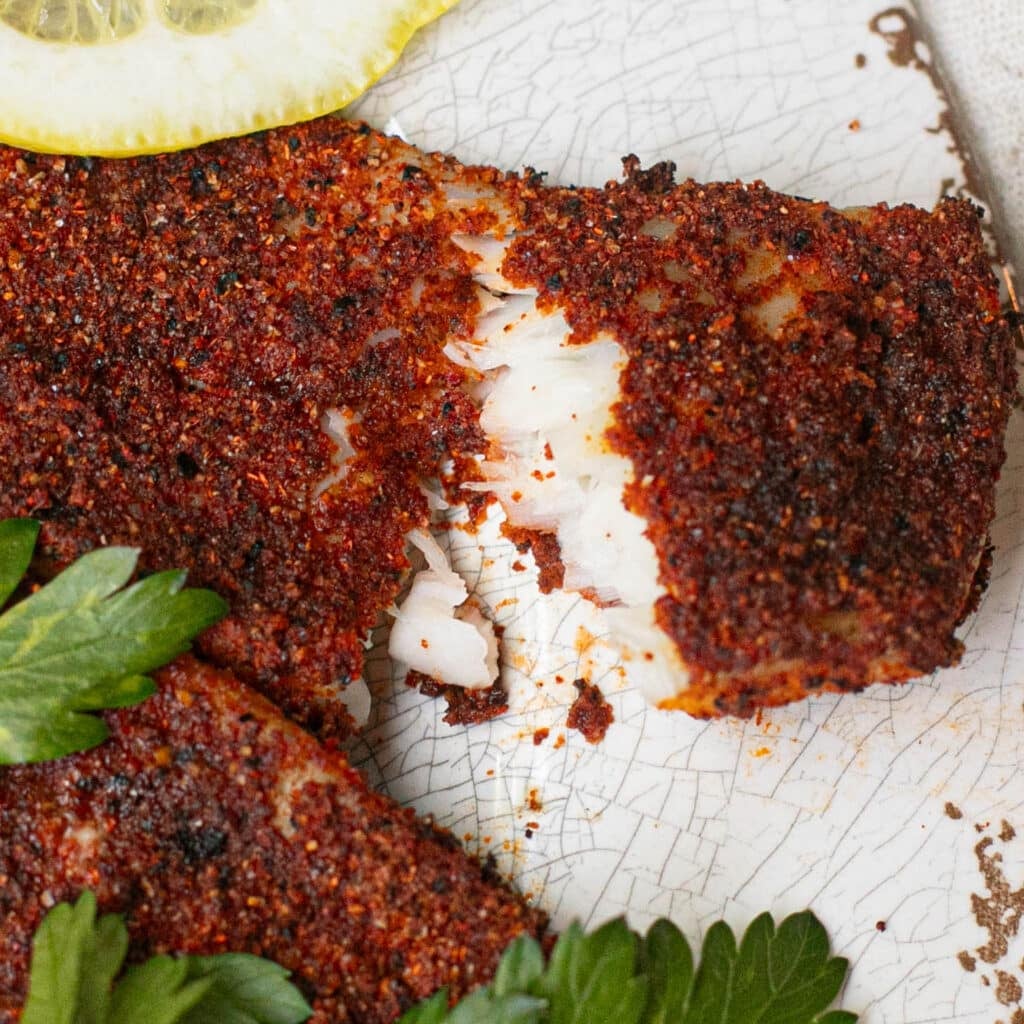 close up view of a fillet of air fried tilapia