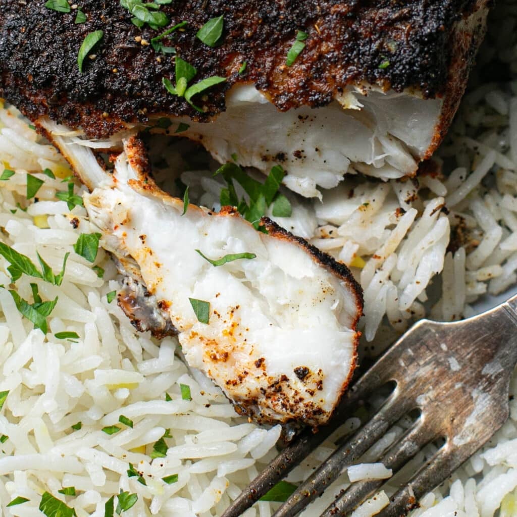 close up view of the inside of a piece of blackened snapper