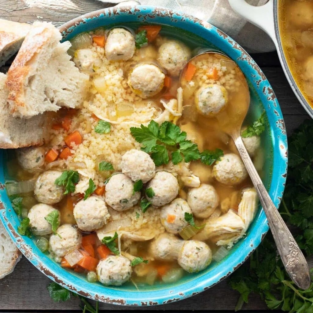 Homemade Chickarina Soup with Mini Meatballs