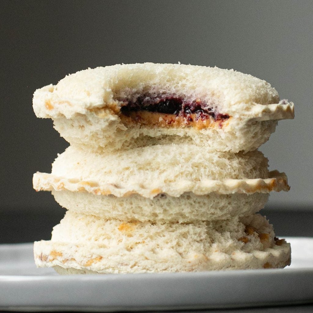 3 homemade Uncrustables stacked on top of each other