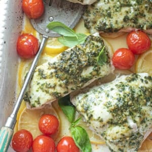 baked snapper with pesto sauce and cherry tomatoes