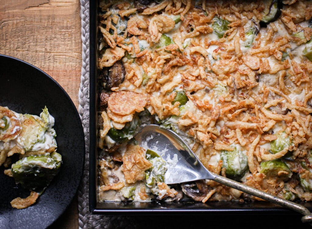 Brussels Sprouts Casserole with Crispy Onions