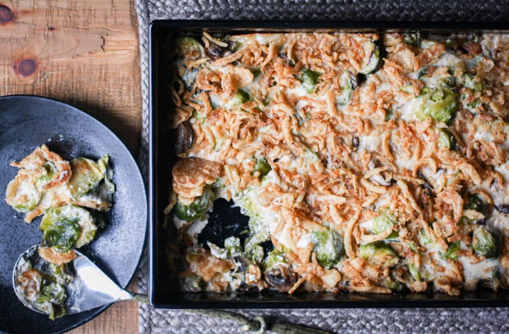 Brussels Sprouts Casserole with Crispy Onions