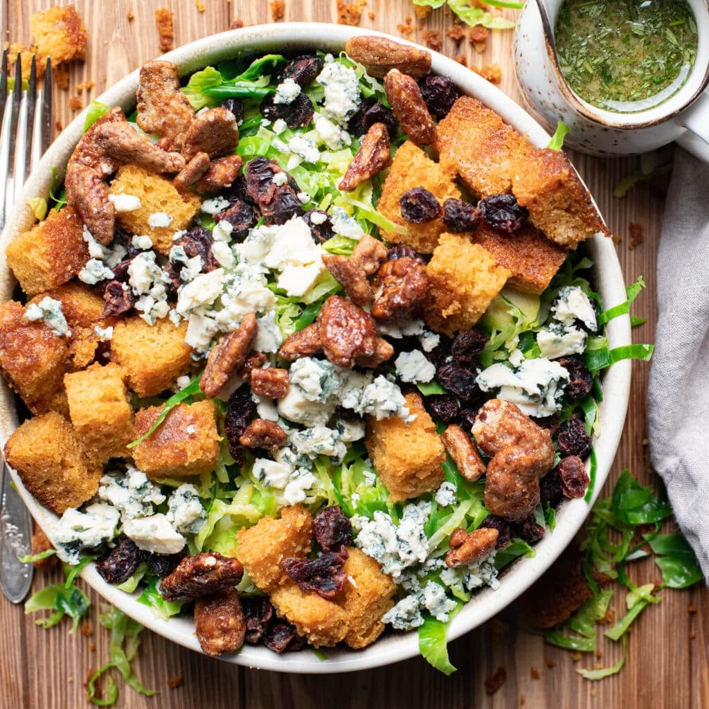 Brussels Sprouts Salad with Cornbread Croutons