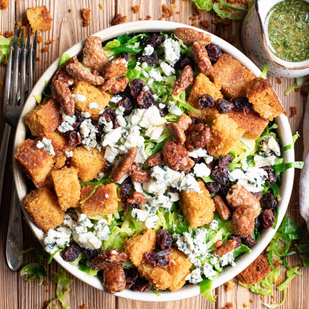 Brussels Sprouts Salad with Cornbread Croutons