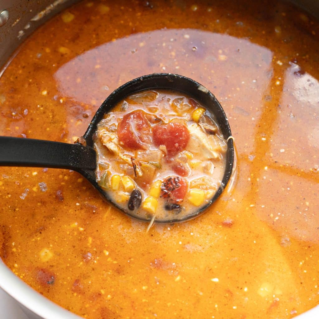 a ladle of chicken tortilla soup