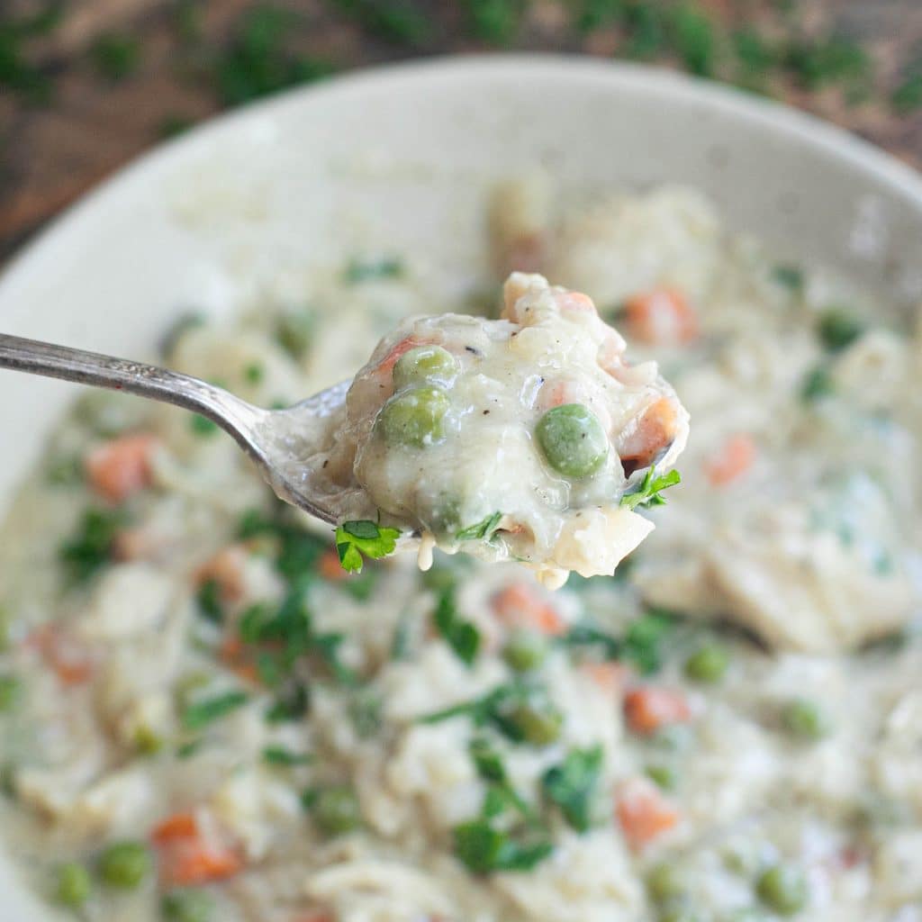 a spoonful of crockpot chicken and dumplings