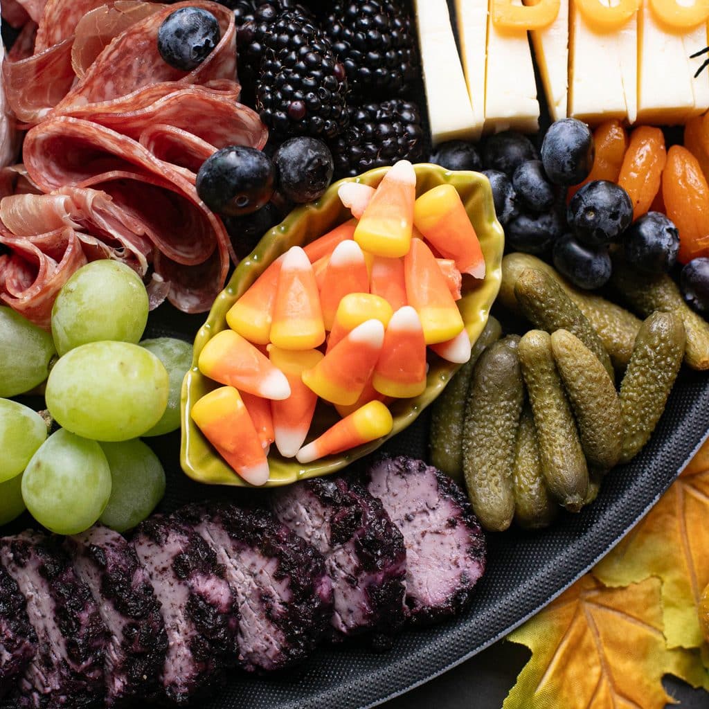 candy corn, mini gherkins and fresh blueberries