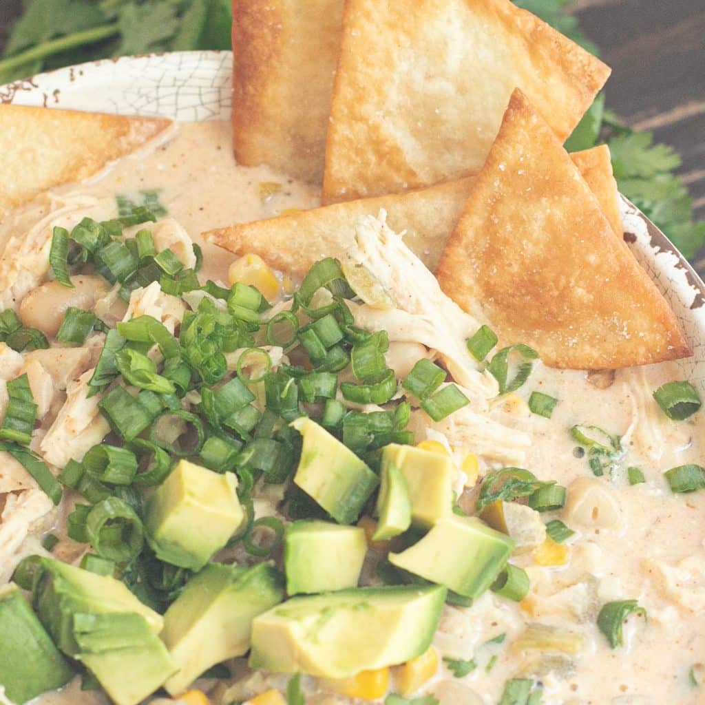 white chicken chili with scallions and avocado