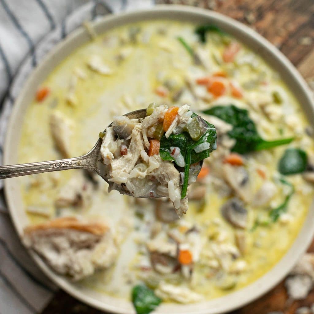 a spoonful of chicken and wild rice soup