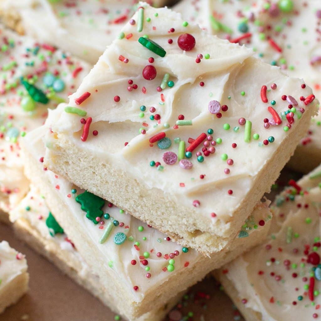 Christmas sugar cookie bars in a stack