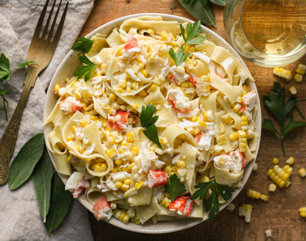 Crab & Corn Pasta with Sherry Cream Sauce
