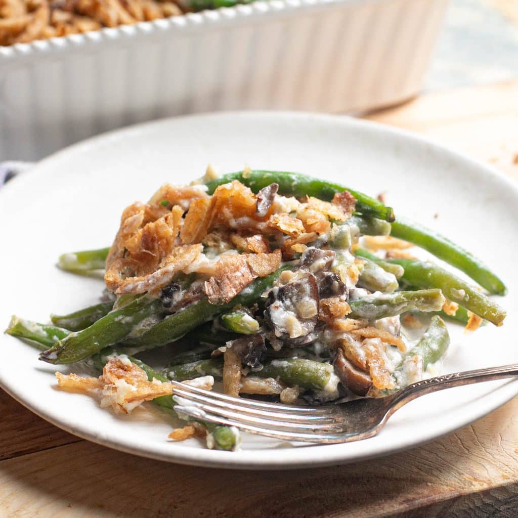 green bean casserole on a white plate