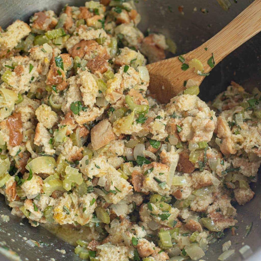 stuffing mixture in a mixing bowl