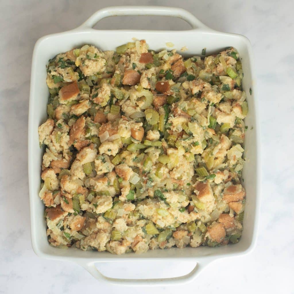 stuffing in a baking dish before baking