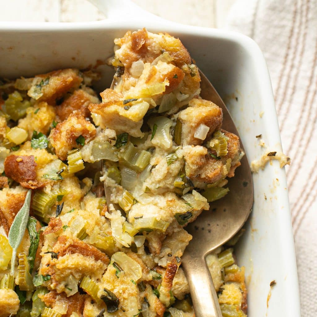 homemade stuffing on a large serving spoon