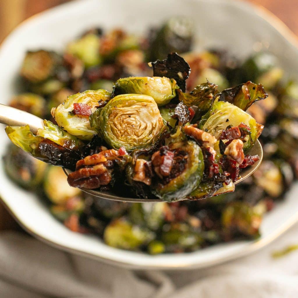 a large serving spoon holding maple bacon Brussels sprouts