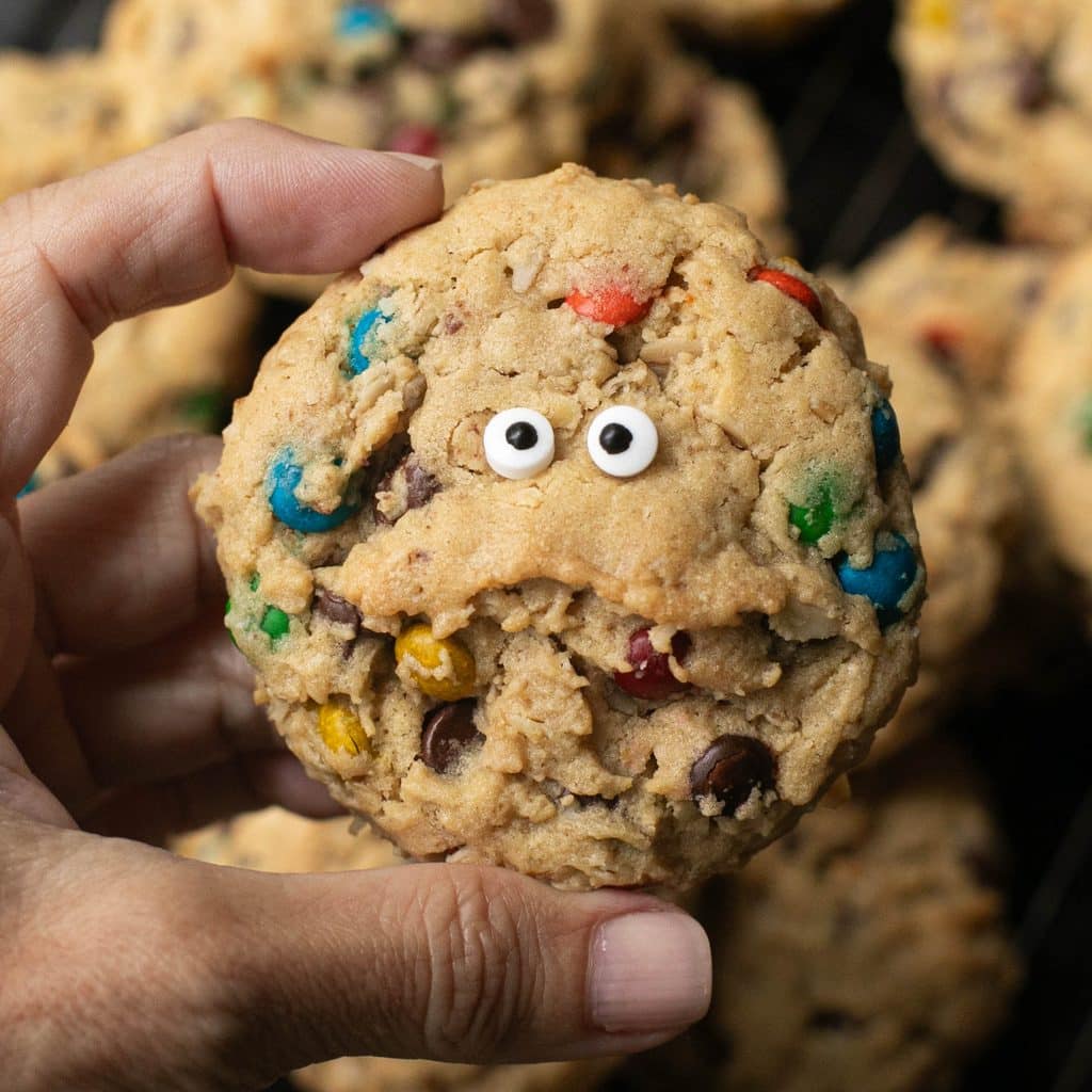 a hand holding one monster cookie