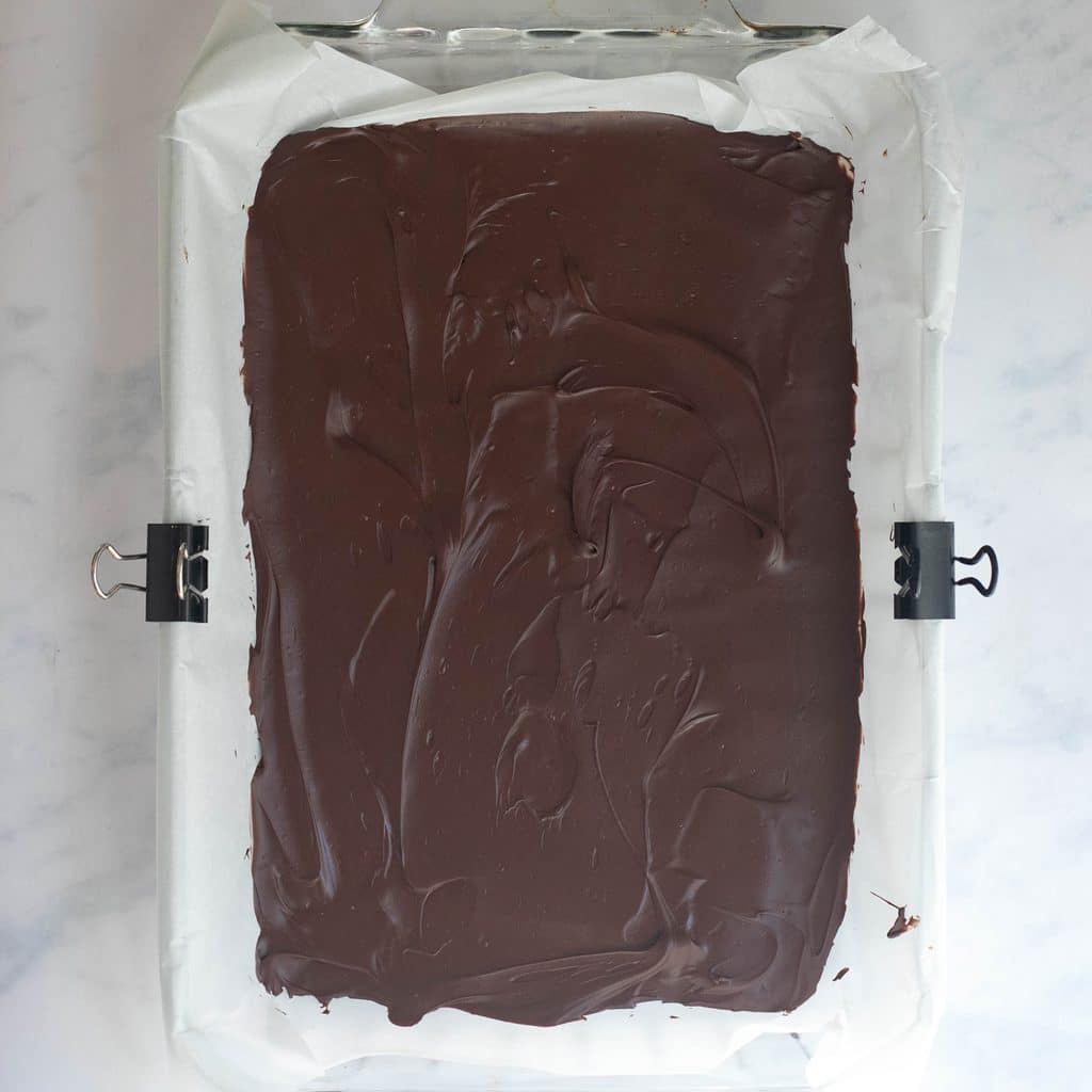 semisweet chocolate spread onto a baking dish