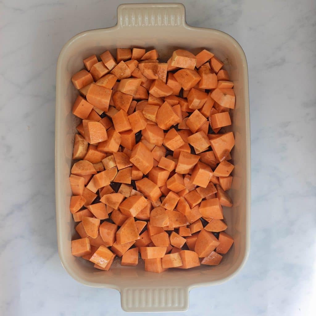 roasted sweet potatoes in a baking dish