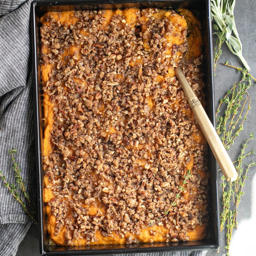 sweet potato casserole in a baking dish