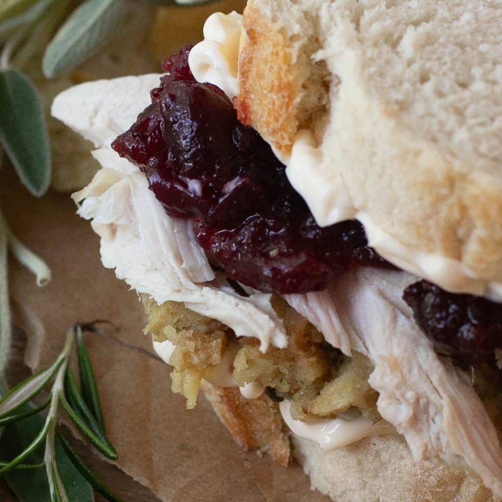 overhead view of leftover Thanksgiving sandwich