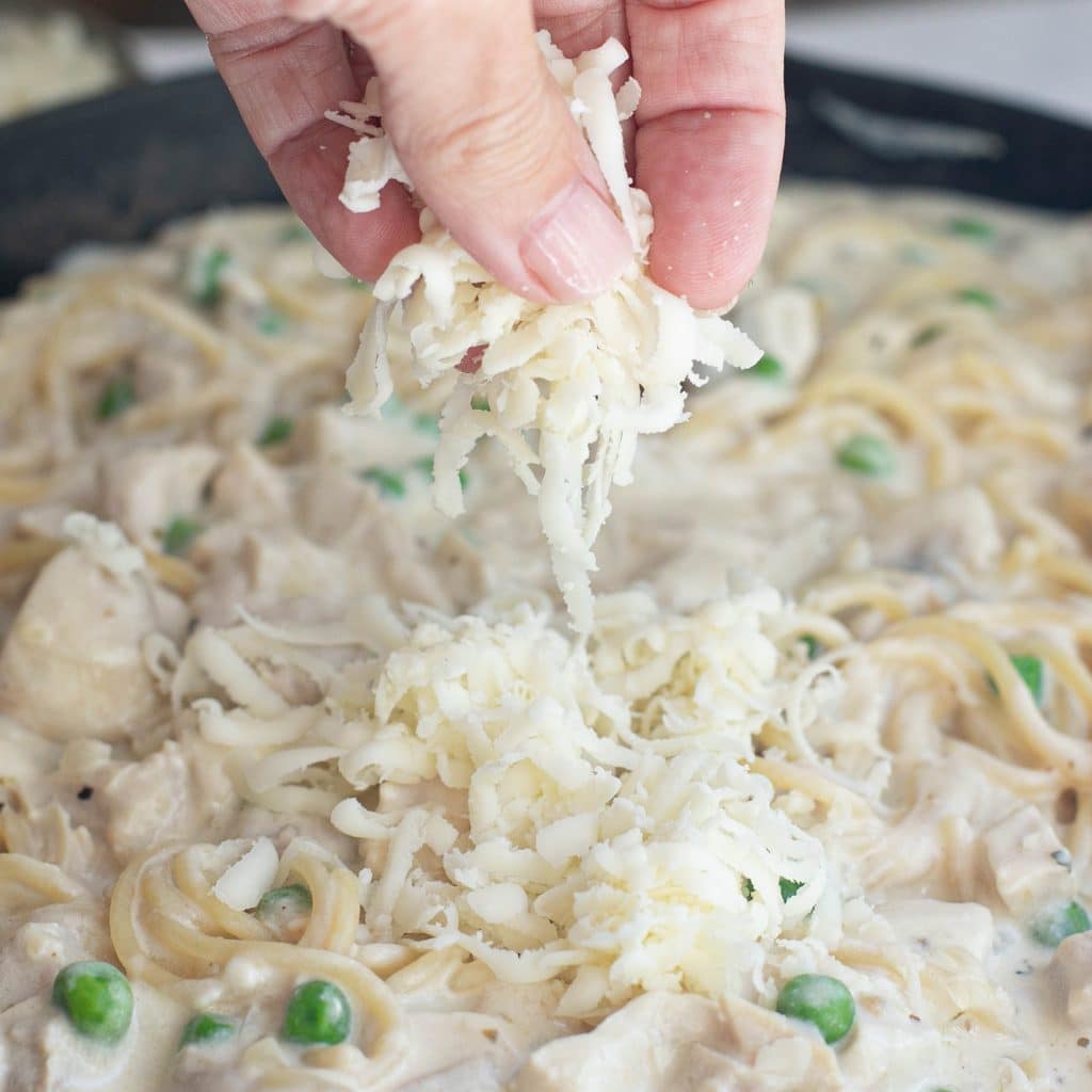 a hand sprinkling grated cheese onto pasta