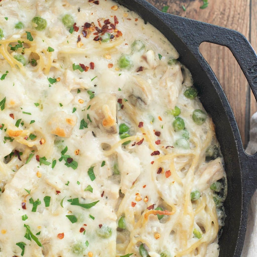 turkey tetrazzini in a cast iron pan